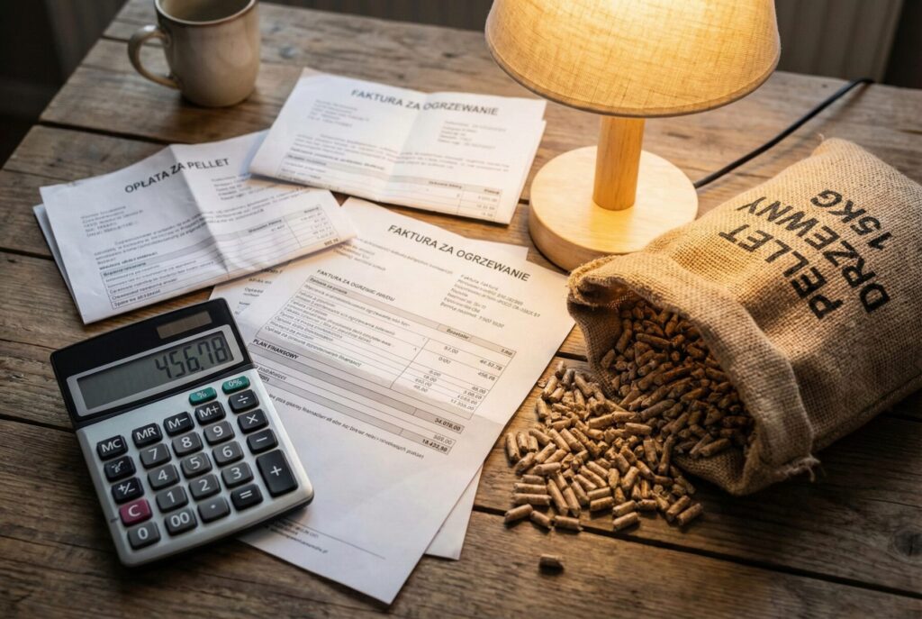 Regn&oacute;w - Dokumenty dotyczące opłat za pellet drzewny, obok worka z pelletem i kalkulatorem, na drewnianym stole. Pellets z dostawą jako ekonomiczne rozwiązanie grzewcze.