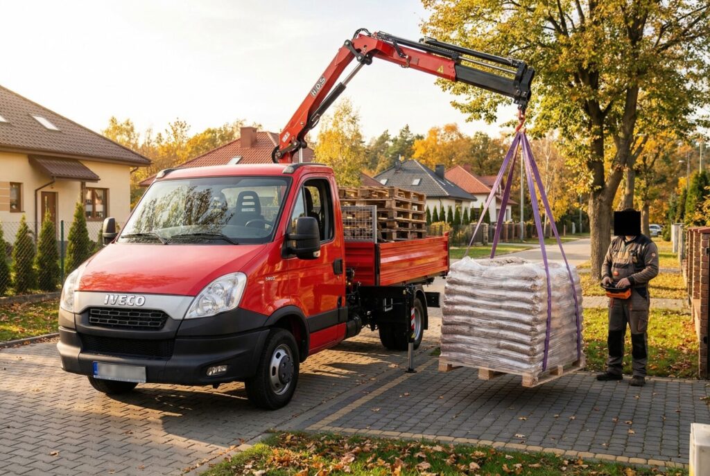 Gr&oacute;jec - Transport pelletu drzewnego z dostawą do klienta, widok na ciężar&oacute;wkę z dźwigiem załadunkowym oraz pracownika przy rozładunku.