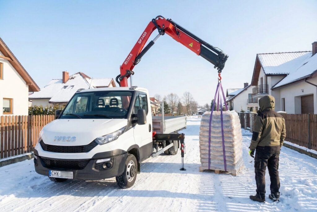 Transport pelletu drzewnego z dostawą do klienta, z ciężar&oacute;wką podnoszącą paletę na zimowej ulicy. - Gr&oacute;jec