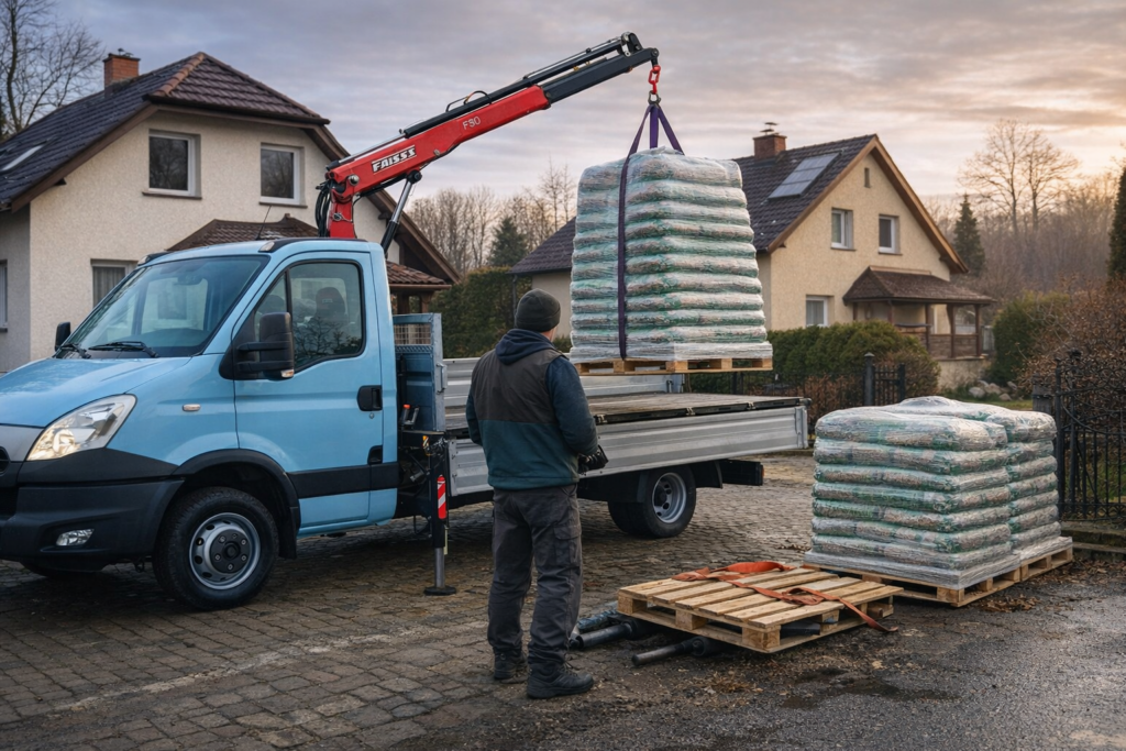 Dostawa pelletu drzewnego do domu, kierowca przygotowujący załadunek na samochodzie dostawczym w otoczeniu dom&oacute;w jednorodzinnych. - Rawa Mazowiecka
