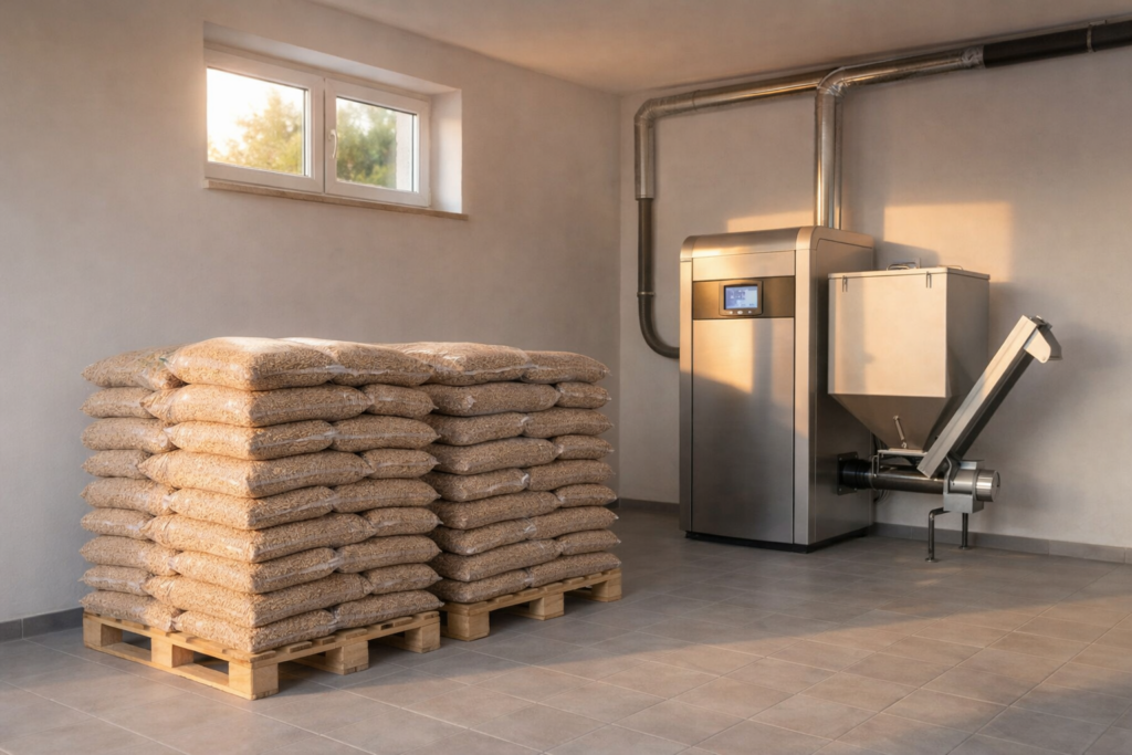 Jasieniec - Magazynienie pelet&oacute;w drzewnych w pomieszczeniu z kotłem na pellet, zapewniającym wygodną dostawę paliwa.