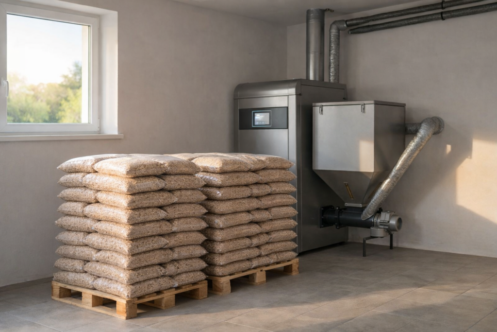 Zbi&oacute;r work&oacute;w z pelletem drzewnym, przygotowanych do użycia w piecu, w nowoczesnym pomieszczeniu z systemem grzewczym. Pellet z dostawą zapewnia wygodę i wydajność ogrzewania. - Chyn&oacute;w