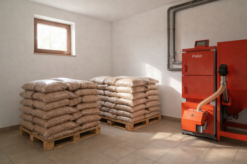 Jasieniec - Magazyn z workami pelletu drzewnego obok pieca na pellet, idealny do efektywnego ogrzewania. Pellet z dostawą, doskonałe rozwiązanie na sezon grzewczy.