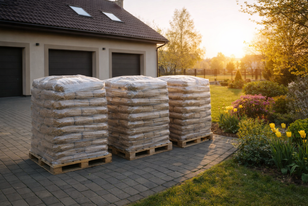 Jasieniec - Palety z workami pelletu drzewnego ustawione na podjeździe, w tle wschodzące słońce i wiosenne kwiaty. Idealne rozwiązanie dla efektywnego ogrzewania, dostępne z dostawą.