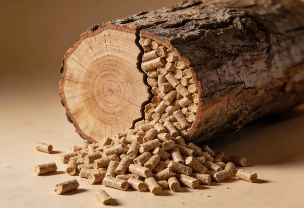 Zdjęcie przedstawia drewniany pień, z kt&oacute;rego wysypują się granulki pelletu drzewnego. Idealne do ogrzewania, ekologiczne źr&oacute;dło energii z dostawą do Twojego domu. - Cielądz