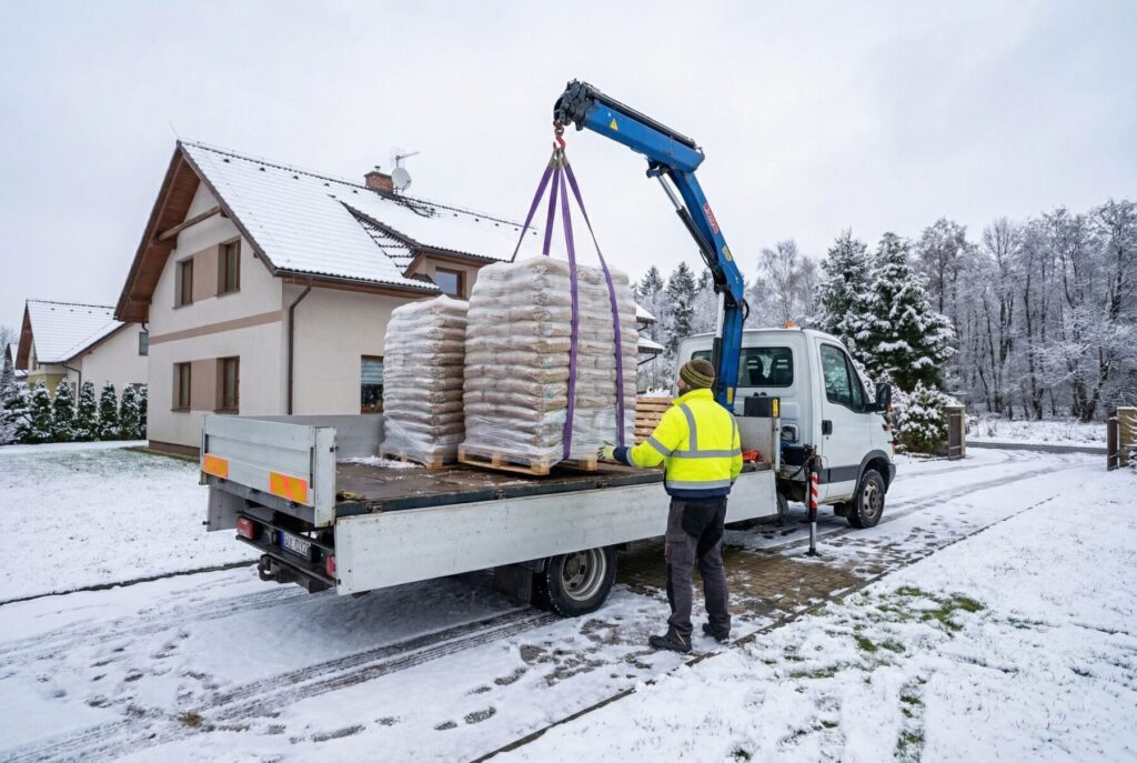 Belsk Duży - Dostawa pelletu drzewnego do opalanego domu, kierowca załadunku z dźwigiem. Zimowa sceneria z pokrytymi śniegiem płytami i domem w tle.