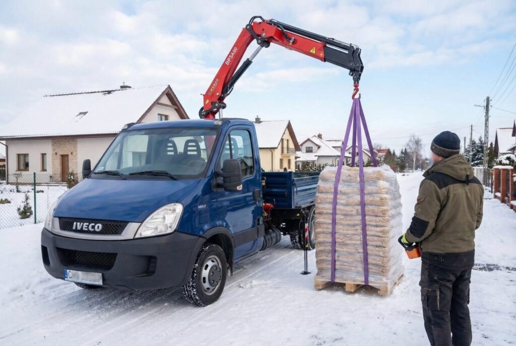 Regn&oacute;w - Dostawa pelletu drzewnego, kierowca załadujący paletę z pelletem przy użyciu żurawia samochodowego na zimowej drodze.