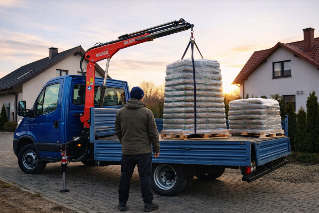 Mężczyzna z wykorzystaniem dźwigu załadunkowego umieszcza palety z drewnianym pelletem na samochodzie dostawczym. Widoczna dostawa pelletu z drzewnego surowca w dogodnej lokalizacji, na tle zachodzącego słońca. - Mszczon&oacute;w