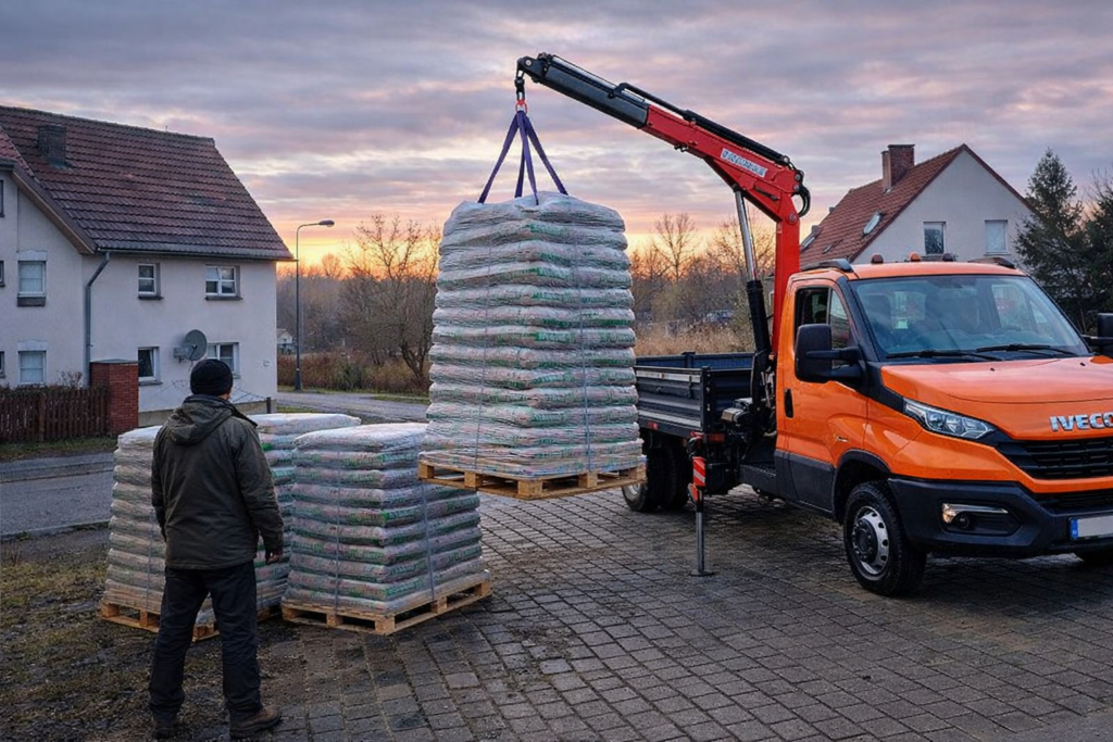 Mogielnica - Zdalne dostarczanie pelletu drzewnego z użyciem dźwigu. Mężczyzna obserwuje rozładunek work&oacute;w z pelletem, kt&oacute;re są transportowane do domu. Pellets na paletach czekają na załadunek, oświetlone porannym światłem.
