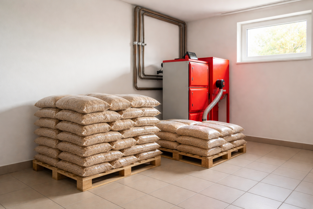 Magazyn pelletu drzewnego z workami na palecie, obok pieca centralnego, gotowego do dostawy. Idealne rozwiązanie na ekologiczną i efektywną ogrzewanie. - Jasieniec