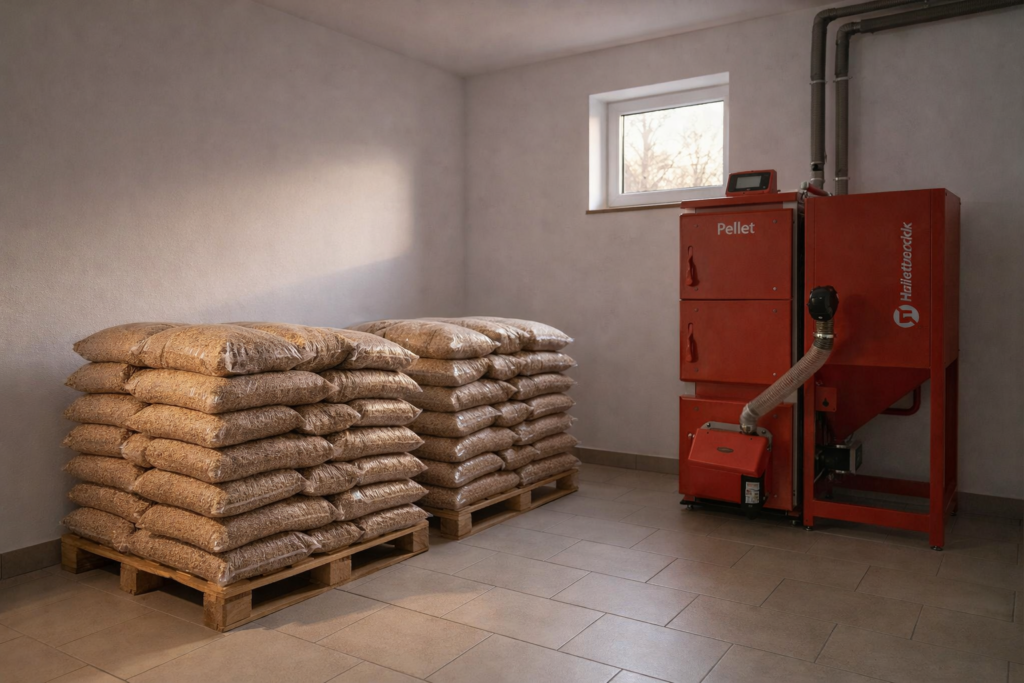 Pniewy - W magazynie znajduje się paleta work&oacute;w z pelletem drzewnym, obok widoczny piec do spalania pelletu, idealny do ogrzewania dom&oacute;w. Dostawa pelletu dostępna na zam&oacute;wienie.