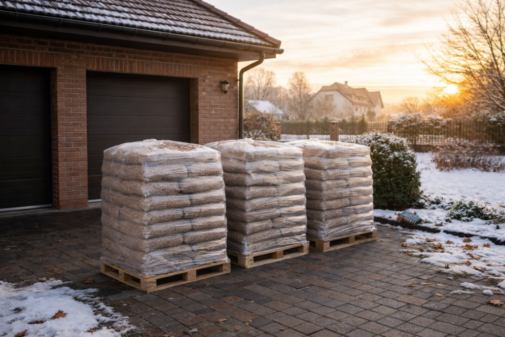 Palety z workami pelletu drzewnego ustawione na podjeździe, w tle wschodzące słońce. Idealne rozwiązanie na zimowe ogrzewanie z możliwością dostawy. - Sadkowice