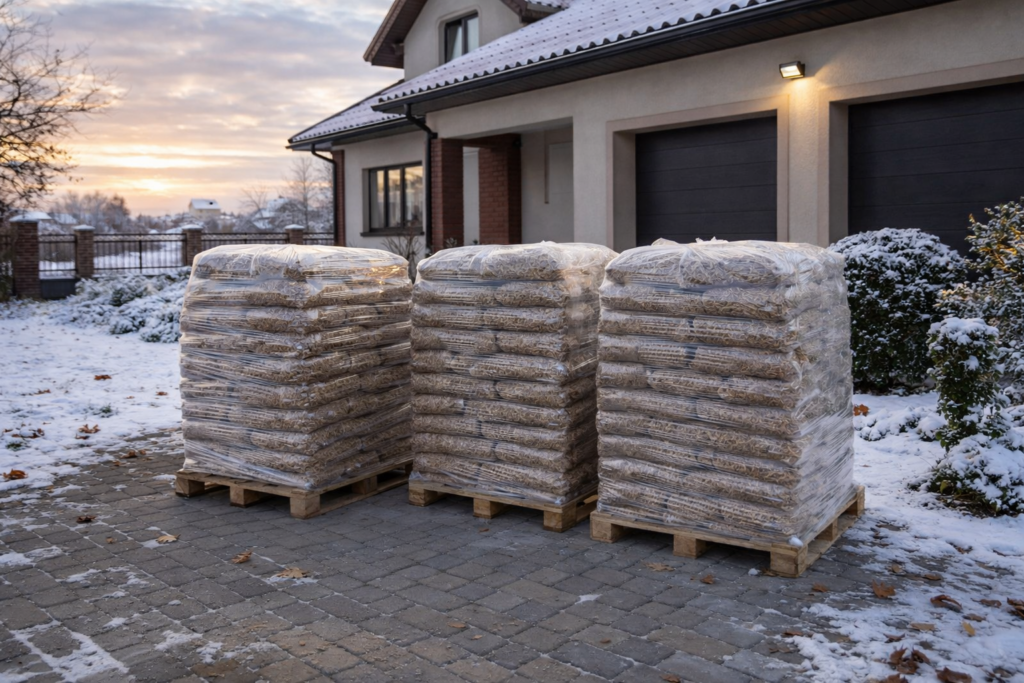 Palety z drewnianym pelletem na zewnątrz domu, gotowe do dostawy. Pellet drzewny w workach, idealny do ogrzewania. Zimowy krajobraz w tle, podkreślający funkcjonalność produktu. - Chyn&oacute;w