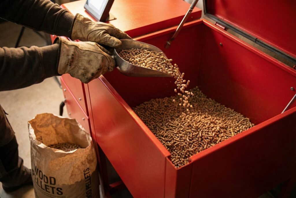 Pracownik nalewa pellet drzewny z pojemnika do zbiornika, przygotowując go do użycia. W tle widoczny worek z drewnianymi pelletami, co wskazuje na dostępność dostawy pelletu dla klient&oacute;w. - Wiskitki
