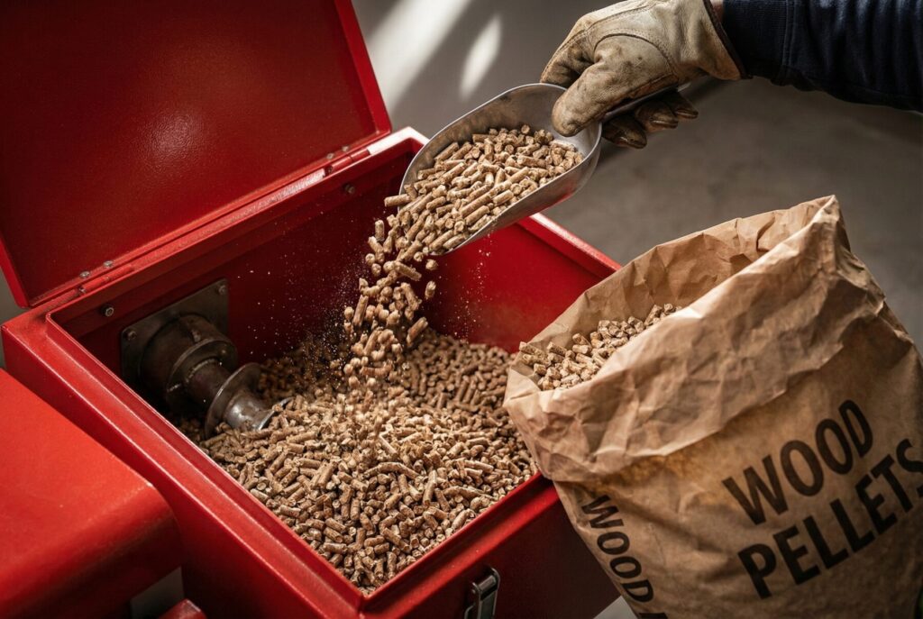 Pracownik przelewa pellet drzewny z worka do maszyny, pokazując proces używania pellet&oacute;w do opału. Oferta pellet&oacute;w z dostawą na zam&oacute;wienie. - Rawa Mazowiecka