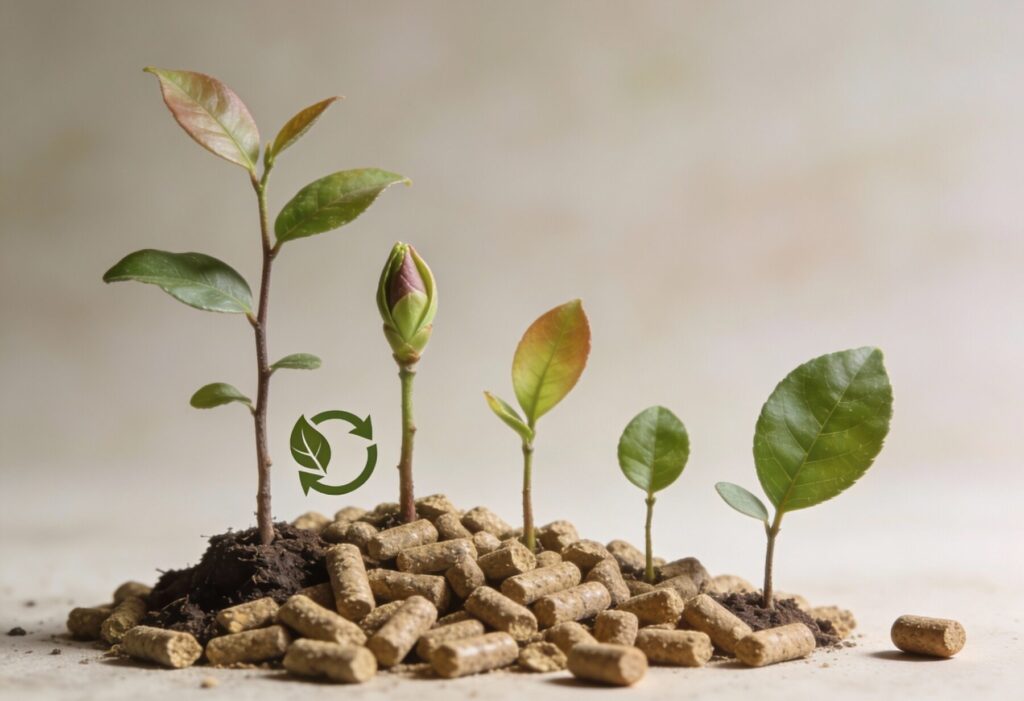 Regn&oacute;w - Pellet drzewny jako ekologiczne paliwo odnawialne, z kiełkującymi roślinami obok, symbolizującymi zr&oacute;wnoważony rozw&oacute;j i ochronę środowiska. Wysokiej jakości pellet z dostawą dla wydajnego ogrzewania.