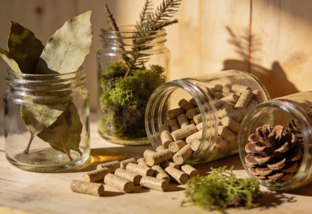 Wiskitki - Pellet drzewny w słoikach obok roślin, z dodatkowymi akcentami naturalnymi. Idealny do ekologicznego opału z dostawą do domu.