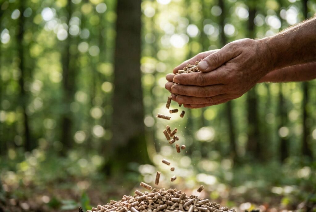 Pellet drzewny wysypywany z dłoni w leśnym otoczeniu, ilustracja naturalnego surowca do ogrzewania. Dostawa pelletu do domu jako ekologiczne rozwiązanie dla energii. - Nowe Miasto nad Pilicą