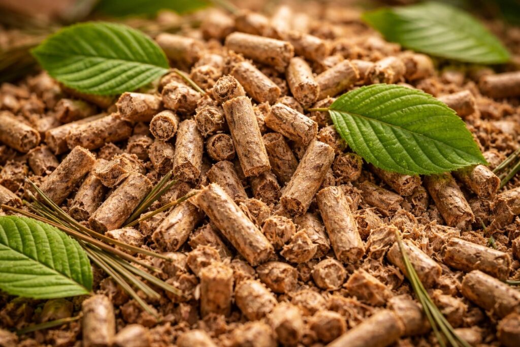 Pellet drzewny w stosie z zielonymi liśćmi, idealny do ogrzewania i ekologicznych rozwiązań grzewczych. Dostawa pelletu pod wskazany adres zapewnia wygodę i oszczędność czasu. - Wiskitki