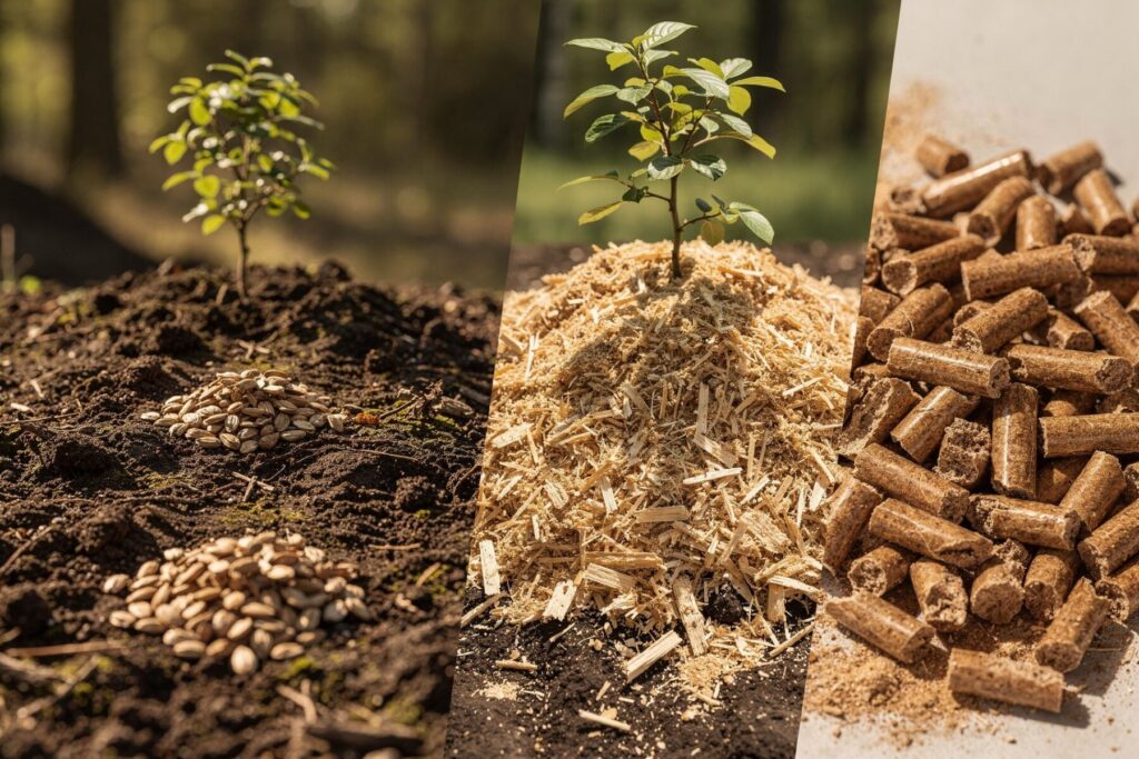 Zdjęcie przedstawia proces produkcji pelletu drzewnego, ukazując kolejno ziarna nasion, stos trocin oraz gotowe pellety. Idealne do wykorzystania jako ekologiczne paliwo, z dostawą do domu. - Goszczyn