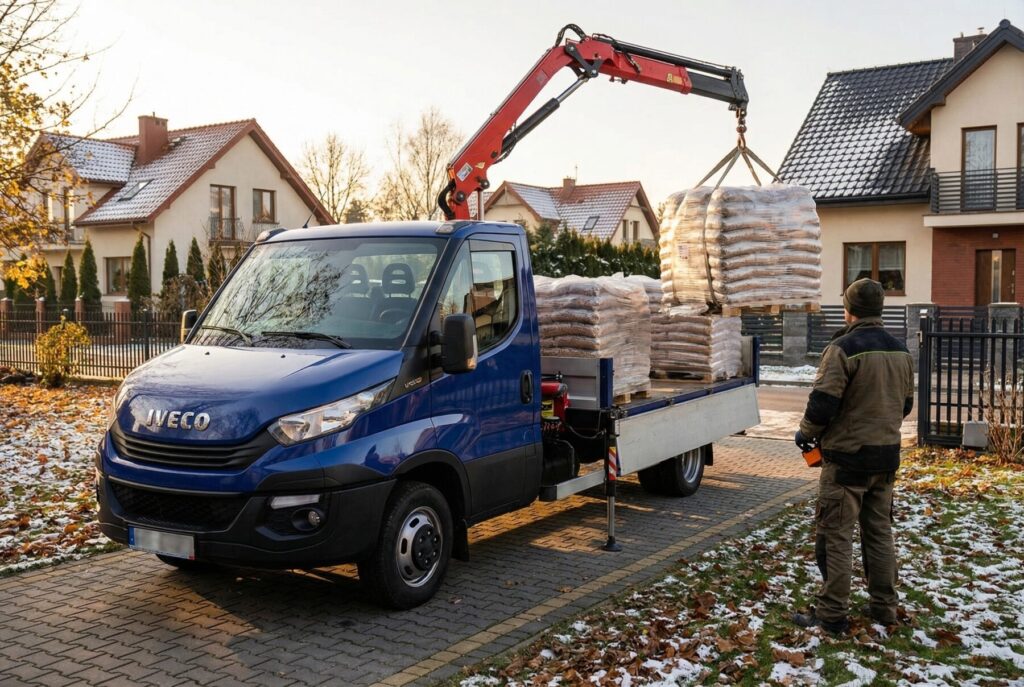 Gr&oacute;jec - Samoch&oacute;d dostawczy z dźwigiem, transportujący worki z pelletem drzewnym na posesję. Dostawa pelletu zaspokaja potrzeby ogrzewania ekologicznego w domach. Używając profesjonalnego sprzętu, zapewniamy szybką i bezpieczną dostawę pelletu.