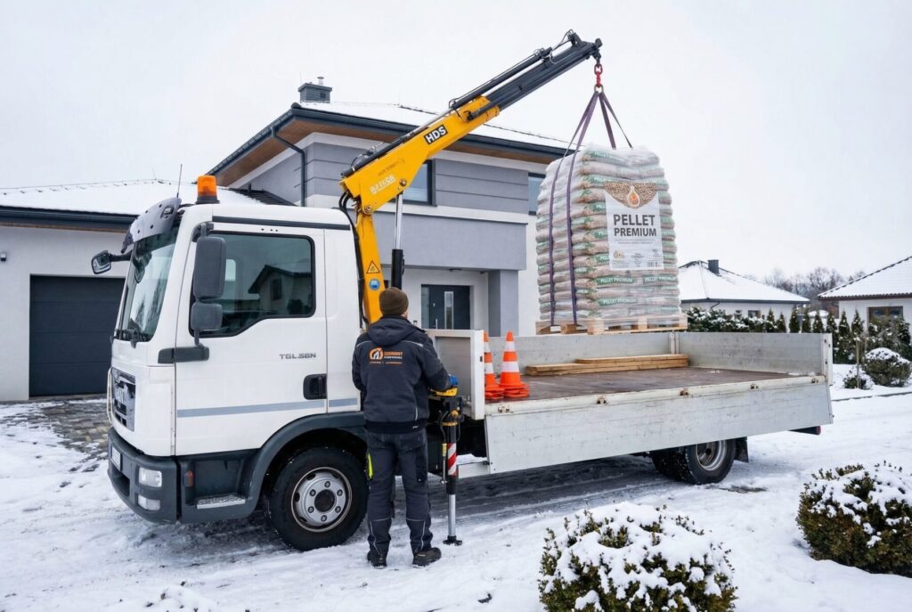 Kierowca dostarcza pellet drzewny premium za pomocą dźwigu na plac budowy w zimowej scenerii. - Cielądz