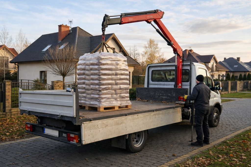 Pracownik załadunku pelletu drzewnego na samoch&oacute;d dostawczy, z paletą pełną work&oacute;w z pelletem. Obiekt znajduje się w okolicy mieszkalnej, co sugeruje możliwość dostawy pelletu do klient&oacute;w indywidualnych. - Radziejowice