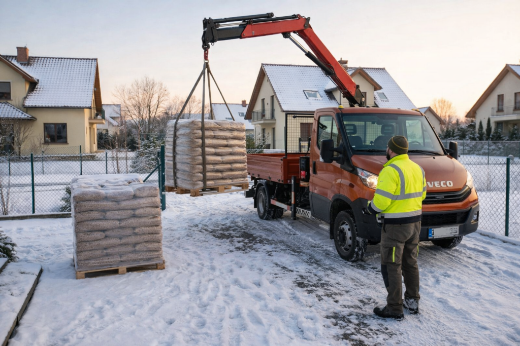 Mszczon&oacute;w - Dostawa pelletu drzewnego ciężar&oacute;wką w zimowej scenerii. Mężczyzna nadzoruje załadunek palety z pelletem przy domu, w otoczeniu pokrytym śniegiem. Pellets z dostawą idealne na sezon grzewczy.