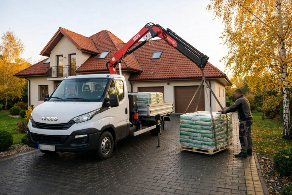 Rawa Mazowiecka - Dostawa pelletu drzewnego pod dom z wykorzystaniem samochodu dostawczego, pracownik rozładowuje paletę z ekologicznym materiałem opałowym.