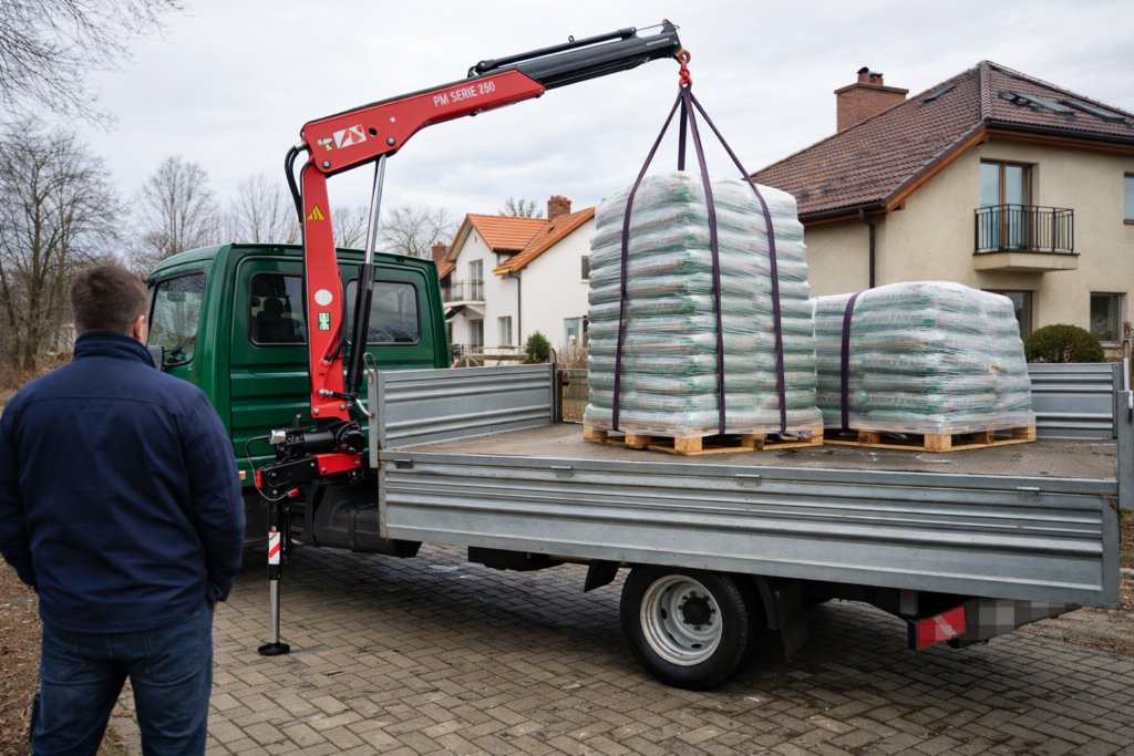 Kierowca obserwujący dostawę pelletu drzewnego, kt&oacute;ry jest załadunkowany na samoch&oacute;d dostawczy. W tle widoczny dom jednorodzinny. Profesjonalna usługa dostarczająca pellet z bezpiecznym transportem. - Sadkowice