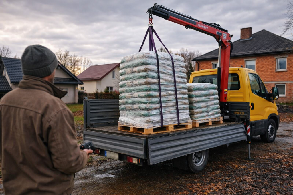 Rawa Mazowiecka - Załadunek pelletu drzewnego na samoch&oacute;d dostawczy, z widoczną paletą z workami. Idealne rozwiązanie dla os&oacute;b poszukujących pelletu z dostawą do domu.