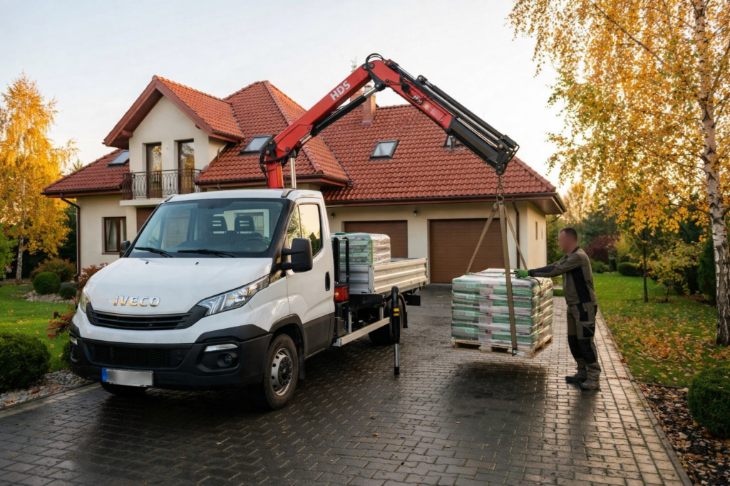 Kierowca transportuje paczki pelletu drzewnego z dostawą do domu, wykorzystując dźwig na ciężar&oacute;wce na kostce brukowej w otoczeniu jesiennych drzew. - Radziejowice