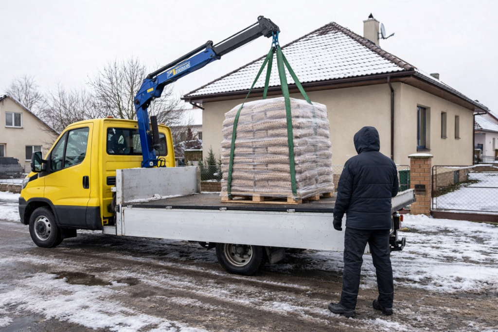 Dostawa pelletu drzewnego na paletach do domu, transportowany przez pojazd dostawczy z pomocą dźwigu. - Jasieniec