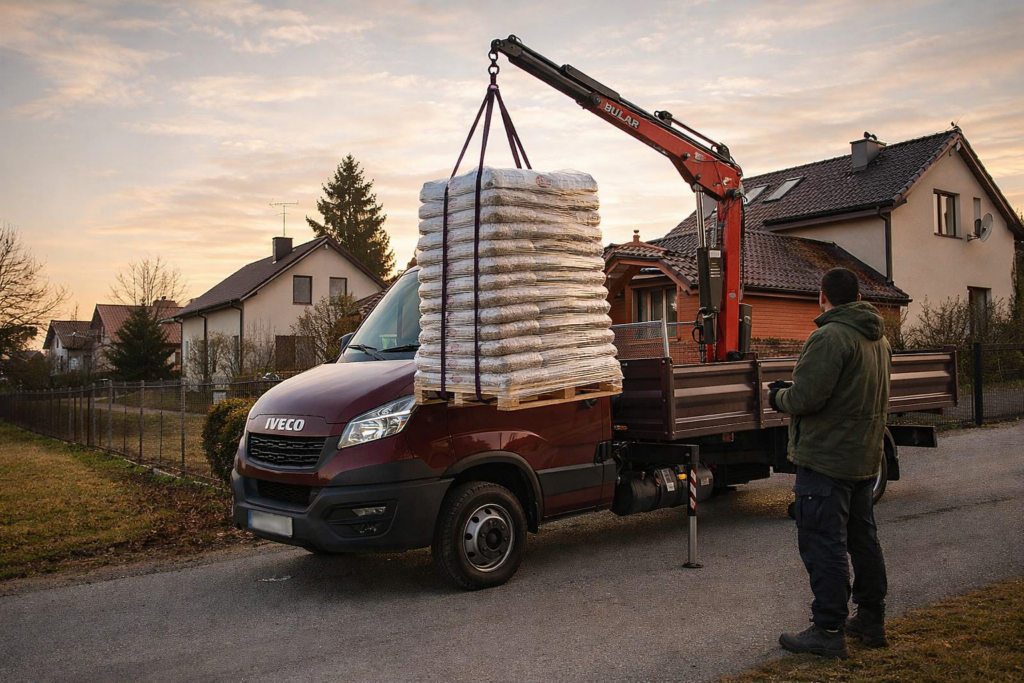 Nowe Miasto nad Pilicą - Kierowca dostarcza pellet drzewny za pomocą ciężar&oacute;wki z dźwigiem, co zapewnia łatwy transport i wygodną dostawę. W tle widać domy w spokojnej okolicy, co podkreśla lokalny charakter usługi.