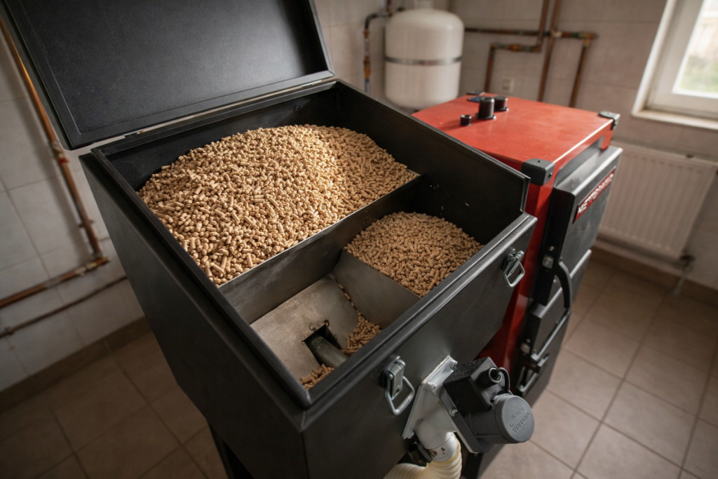 Piec do spalania pelletu drzewnego z zasobnikiem pełnym pelletu, idealny do efektywnego ogrzewania dom&oacute;w. Możliwość zam&oacute;wienia pelletu z dostawą. - Sadkowice