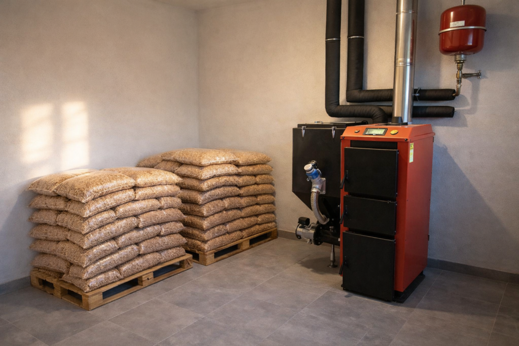 Nowoczesny piec na pellet drzewny w pomieszczeniu, obok kt&oacute;rego znajdują się worki z pelletem. Wysokiej jakości pellet z dostawą idealny do efektywnego ogrzewania. - Sadkowice