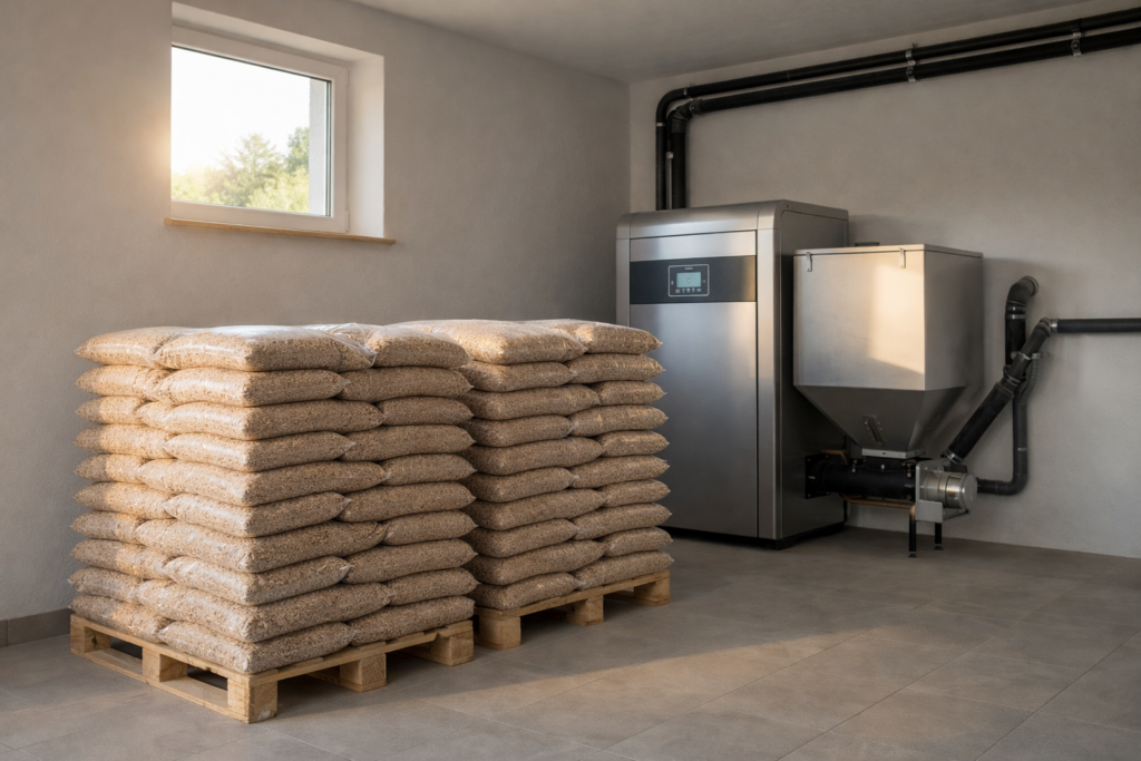 Stosy work&oacute;w z pelletem drzewnym na palecie w nowoczesnym kotłowni, obok pieca na pellet z dostawą. Ogrzewanie ekologiczne i efektywne. - Rawa Mazowiecka