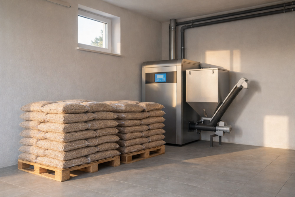 Przechowalnia pelletu drzewnego z workami na paletach oraz nowoczesnym piecem do ogrzewania. Idealne rozwiązanie dla ekologicznego źr&oacute;dła ciepła z możliwością dostawy pelletu. - Jasieniec