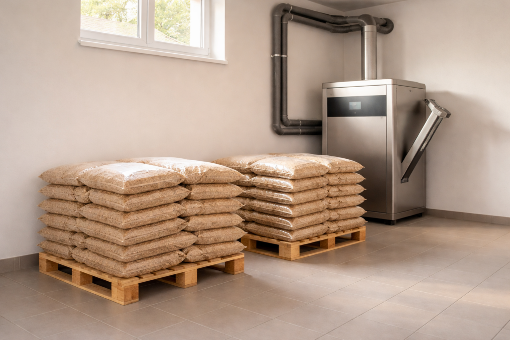 Magazyn drzewnego pelletu na paletach obok kotła na pellet, idealnego rozwiązania do ogrzewania. Pellets z dostawą zapewniają wygodne i efektywne źr&oacute;dło energii. - Radziejowice