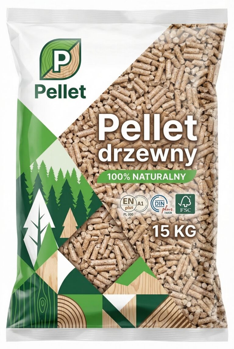 Pellet drzewny 15 kg zapakowany w ekologiczny worek, idealny do ogrzewania, dostępny z dostawą. 100% naturalny materiał, zgodny z normami EN oraz DIN.