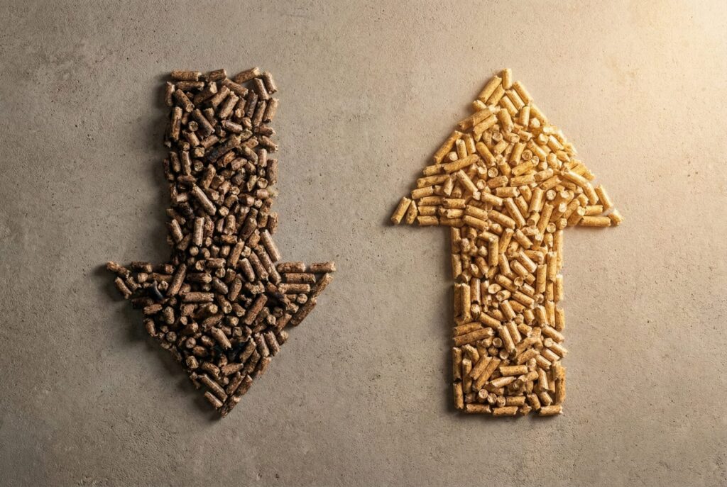 Pellet drzewny ułożony w strzałki wskazujące wzrost i spadek cen, symbolizujący trendy na rynku pellet&oacute;w z dostawą. - Błęd&oacute;w