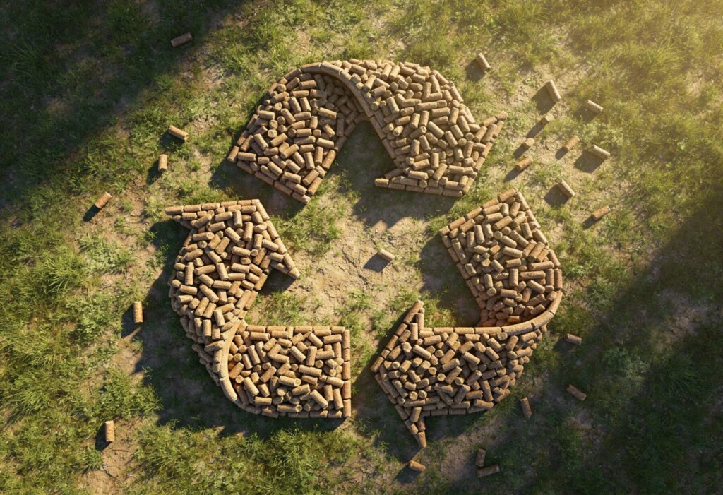 Wiskitki - Symbol recyklingu ułożony z pelletu drzewnego na tle łąki, symbolizujący ekologiczne źr&oacute;dło energii. Pellet z dostawą staje się coraz popularniejszym wyborem w ogrzewaniu domu.