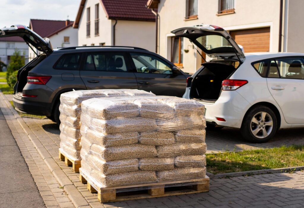 Sadkowice - Zestawienie paczek z pelletem drzewnym na palecie obok samochod&oacute;w, idealne rozwiązanie dla tych, kt&oacute;rzy potrzebują pelletu z dostawą.