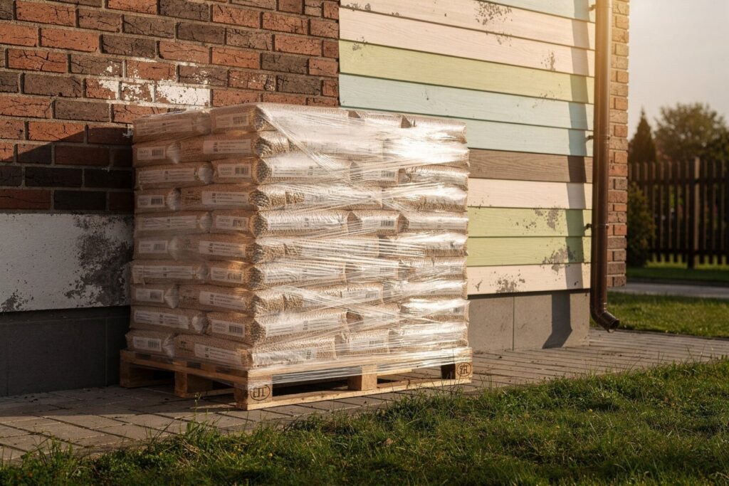 Sadkowice - Paleta z pakowanym pelletem drzewnym, gotowym do dostawy, umieszczona obok kolorowej ściany budynku. Idealny materiał opałowy do ekologicznego ogrzewania.