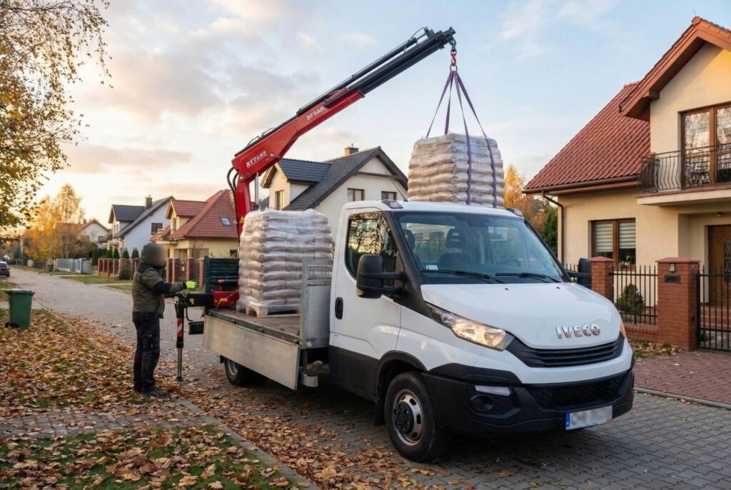 Belsk Duży - Dostawa pelletu drzewnego przy użyciu ciężar&oacute;wki z podnośnikiem, obrazek przedstawia moment transportu paczek pelletu na osiedlu mieszkaniowym.