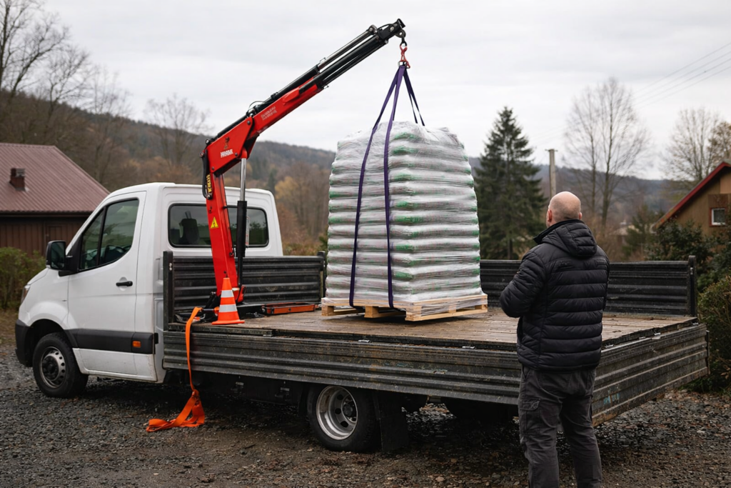 Mężczyzna odpalający dźwig do załadunku palet z drewnianym pelletem na samoch&oacute;d dostawczy, kt&oacute;ry zajmuje się transportem pelletu z dostawą na posesję. - Regn&oacute;w