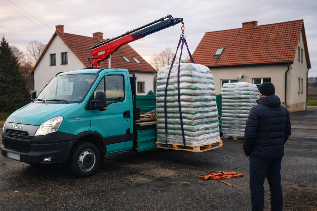 Gr&oacute;jec - Dostawa pelletu drzewnego za pomocą w&oacute;zka widłowego, z paletą pełną work&oacute;w na tle domu. Idealne rozwiązanie dla os&oacute;b poszukujących wygodnego sposobu na zaopatrzenie w pellet z dostawą.