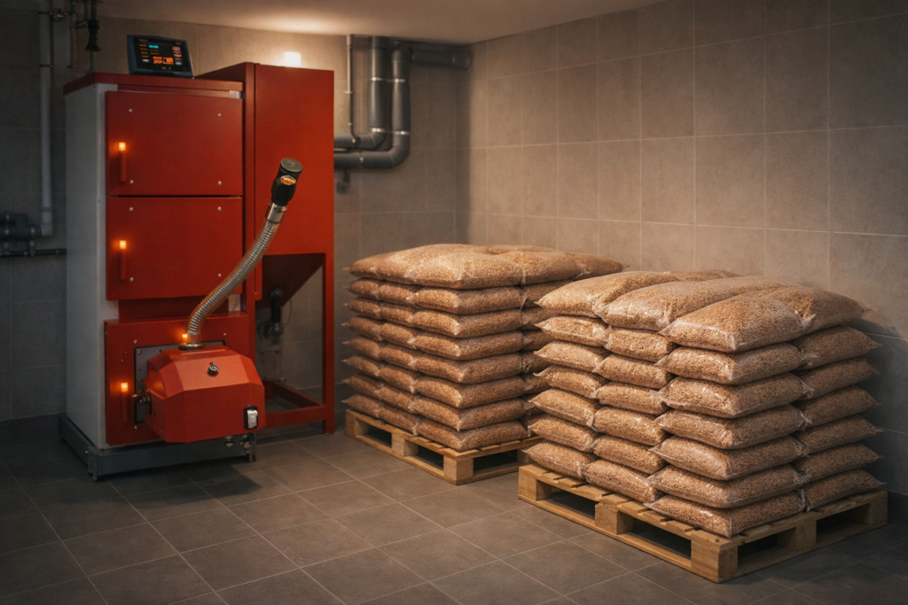 Nowoczesny piec na pellet w pomieszczeniu grzewczym, obok stosy work&oacute;w z pelletem drzewnym. W tle widoczne elementy instalacji, co podkreśla efektywność i nowoczesność systemu ogrzewania z dostawą pelletu. - Jasieniec