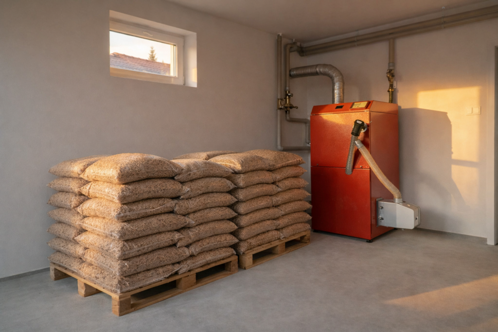 Sadkowice - Ekologiczne ogrzewanie: drewniane pellety ułożone na paletach obok pieca na pellet, idealne rozwiązanie z dostawą do domu.