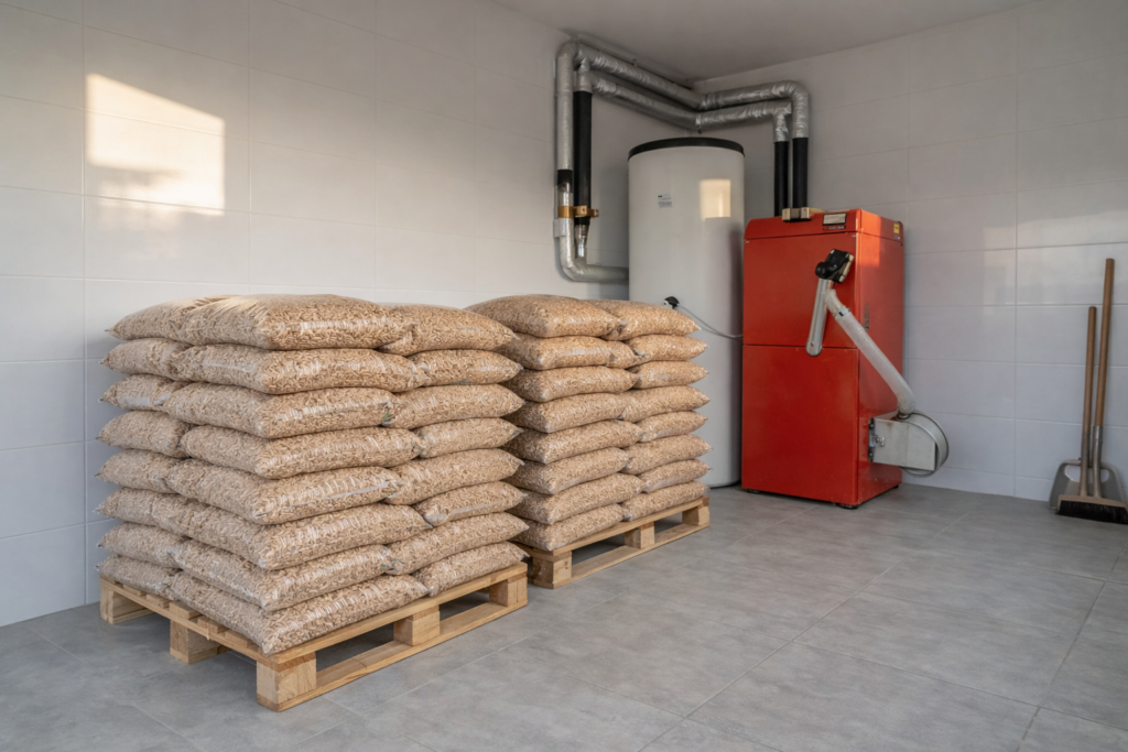 Błęd&oacute;w - Magazyn z workami pelletu drzewnego ułożonymi na paletach, obok pieca na pellet z systemem dostawy. Idealne rozwiązanie dla efektywnego ogrzewania domu.
